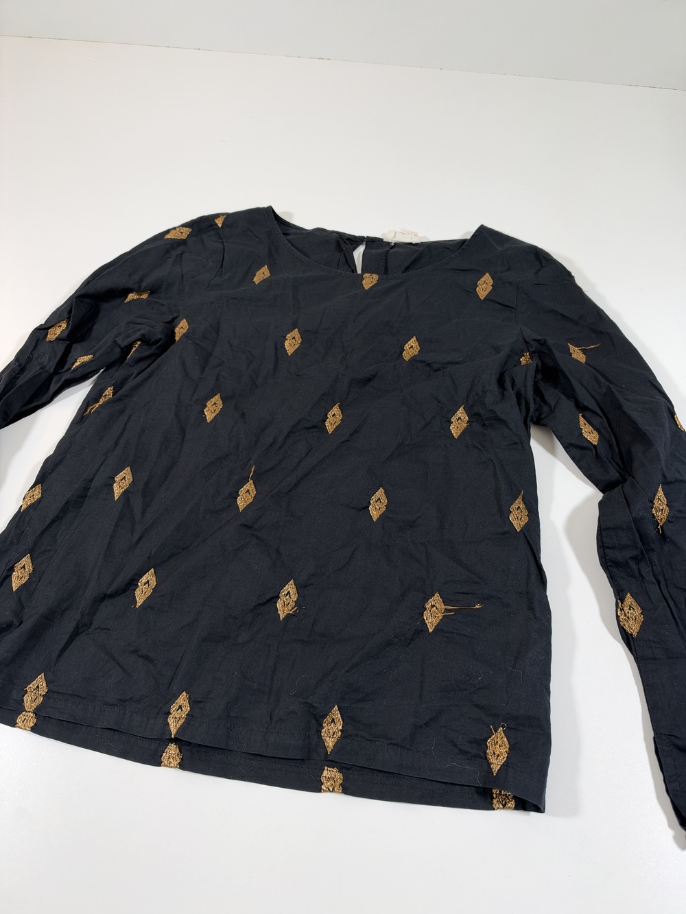 Sezane Blouse Womens L Black 100% Cotton Embroidered Long Sleeve Top Gold